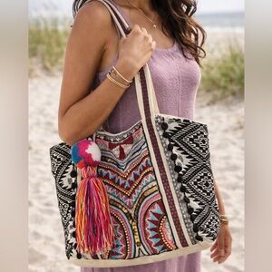 America & Beyond Boho Beaded Embroidered Purse with Pom Pom Tassel Tribal Bag